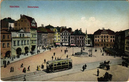 * T2/T3 1915 Cieszyn, Teschen; Demelplatz, Apotheke / Square, Tram, Pharmacy, Shops (EK) - Ohne Zuordnung