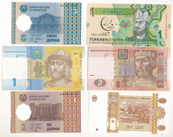 6db-os Klf Vegyes Bankjegy Tétel, Közte Türkmenisztán, Tádzsikisztán, Ukrajna, Moldova T:I,I- 6pcs Of Mixed Banknote, In - Ohne Zuordnung