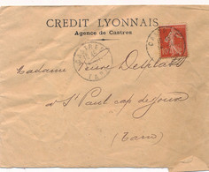 LETTRE PERFORE CREDIT LYONNAIS AGENCE DE CASTRES TARN SEMEUSE PERFIN COVER - Lettres & Documents