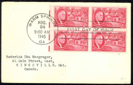 USA Sc# 931 FDC Block/4 (d) (Warm Springs, GA) 1945 8.24 Franklin D. Roosevelt - 1941-1950