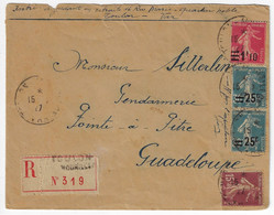 TOULON Lettre Recommandée 2° Echelon Semeuse 1F10/1F40 25c/30c 15c Yv 217 228 189 Dest Point à Pitre Guadeloupe Ob 1927 - Brieven En Documenten