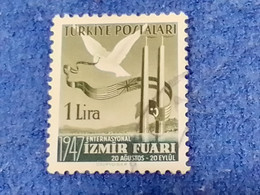 TÜRKİYE.-1940-50-     1LİRA  1947 İZMİR FUARI DBL. DAMGALI - Gebruikt