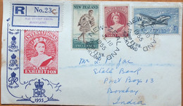 NEW ZEALAND 1955, PRIVATE PRINTED FDC, ILLUSTRATE COVER, USED TO INDIA, QUEEN ELIZABETH, MAORI MAIL CARRIER, AIR PLANE A - Lettres & Documents
