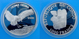 CONGO 1000 F 2000 ARGENTO PROOF 999 WILDLIFE CICONIA CICONIA NIDO CICOGNA RARA PESO 15g TITOLO 0,999 CONSERVAZIONE FONDO - Congo (République Démocratique 1998)