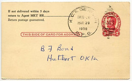 United States 1958 Scott UX43 Postal Card Kansas City & Denison RPO To Hulbert, Oklahoma - 1941-60
