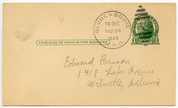 United States 1943 Scott UX27 Postal Card Globe & Bowie RPO To Wilmette, Illinois - 1941-60