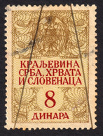 "kraljeVINA" Type / 1920 Yugoslavia SHS - Revenue Fiscal Judaical Tax Stamp - 8 Din - Used - Dienstmarken
