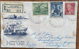 AUSTRALIA,1947,NEWCASTLE,REGISTERED TO COMMEMORATE SESQUICENTENARY,OF THE DISCOVERY OF NEWCASTLE COVER,SENT TO L.P.JAI I - Lettres & Documents