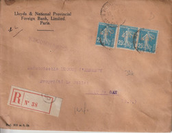 1925 - SEMEUSE PERFOREE (PERFIN) LLOYDS & NATIONAL PROVINCIAL FOREIGN BANK LIMITED PARIS ! ENV. RECO CHARGEE => GAN - Storia Postale
