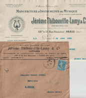 1925 - SEMEUSE PERFOREE (PERFIN) Sur SUPERBE ENV. PUB DECOREE (VOIR DOS) "LUTHIERS THIBOUVILLE-LAMY" à PARIS - MUSIQUE - Lettres & Documents