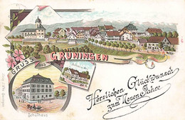 Gruss Aus Grüningen Schulhaus Buchhandlung Wirz Litho 1898 Herzlichen Glückwunsch Zum Neuen Jahre - Grüningen