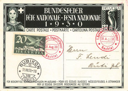 Bundesfeierkarte 1930  1. Schweizer Segelflugpost 31. August Vom Bachtel Stempel Bubikon - Bubikon