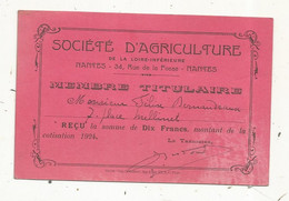 Carte De Membre Titulaire , SOCIETE D'AGRICULTURE,  NANTES,  1924 - Tarjetas De Membresía