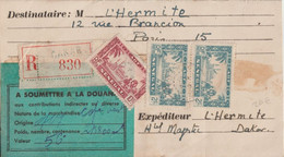 1939 - SENEGAL - CARTE RECOMMANDEE COLIS De CAFE SOUMIS à La DOUANE De DAKAR => PARIS - Lettres & Documents