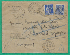 N°368 + 407 MIXTE PAIX MERCURE ST SERNIN SUR RANCE AVEYRON POUR LAVAL ROQUECEZIERE REEXP LAVERDOLLE GRIFFE FACTEUR 1940 - 1938-42 Mercure