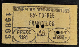 C5 /1 - Bilhete * Ticket *Gªl Torres *Francelos * Porto * Companhia Caminhos Ferro * Portugal - Europe