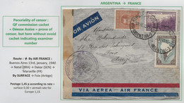 AIR FRANCE 1940 Argentina France Air Mail Cover QF Commission DEESSE ASSISE Without Ovoid Cachet Examiner Number - Brieven En Documenten