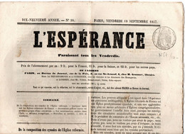 Journal L'Espérance Du 18 Septembre 1857, Avec Timbre Humide " Timbre / Impérial 6 Centimes" - Journaux