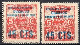 Dos Sellos ASTURIAS Y LEON, Variedad Color Sobrecarga , Guerra Civil,  Franqueo Equivalente 45 Cts * - Asturies & Leon