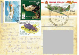 C5 :Russia - Military War Airplane, Stork Bird, Insect, Small Airplane Stamps Used On Postcard - Brieven En Documenten