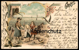 ALTE LITHO POSTKARTE GRUSS STRAND KINDER NORDSEE STEMPEL BÜSUM Beach Plage Postcard Ottmar Zieher Ansichtskarte Cpa AK - Buesum