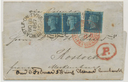 GB 1857, QV 2d Blue Wmk Small Crown Pl.5 Perf. 14 (pair + Single Stamp, Another Stamp Was Lost During Transport: "OE-OF" - Lettres & Documents