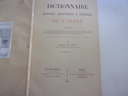 ️  BERRY INDRE 1889 EO  Dictionnaire Historique, Géographique Et Statistique De L'Indre De Eugène Hubert - Centre - Val De Loire