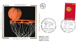 " BASKET-BALL " Sur Enveloppe 1er Jour Sur Soie De 1996 D'Andorre. N° YT 468. Parfait état FDC A SAISIR ! - Basket-ball