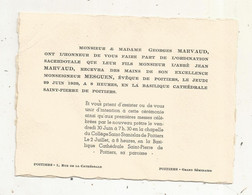 Faire-part De L'ordination Sacerdotale , Abbé Jean Marvaud , En La Basilique Cathédrale Saint Pierre De Poitiers, 1939 - Other & Unclassified