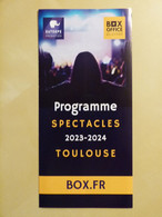 Flyer 3 Volets. Programme Spectacles Toulouse 2023-2024. Scorpions, Soprano, Satriani, Foresti, Polnareff, Obispo, Zazie - Programme
