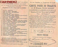 LYON CARTE TICKET TRAMWAY COMPAGNIE DES OMNIBUS DE LYON 1931-1932 69 RHONE AUTOBUS - Europa