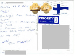 C8  - Finland - Flag, Odd Shape Adhesive Stamps Used On Postcard - Cartas & Documentos