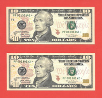 Mega Top-Rarität ! STAR-Note: 2x 10 US-Dollar Fortlaufend [2017] > PF00130141* - ...42* < 1. Lauf Mit 320.000 {$015-010} - Divisa Nacional