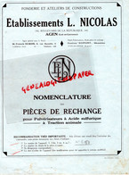 47- AGEN- RARE DEPLIANT NOMENCLATURE PIECES RECHANGE PULVERISATEUR ACIDE SULFURIQUE ETS. L. NICOLAS- 142 BD REPUBLIQUE- - Agriculture