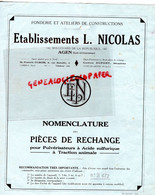 47- AGEN- RARE DEPLIANT NOMENCLATURE PIECES RECHANGE PULVERISATEUR ACIDE SULFURIQUE ETS. L. NICOLAS- 142 BD REPUBLIQUE- - Agricultura