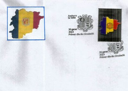 ANDORRA. Bandera Y Escudo / Drapeau & Blason, 2023, FDC / Sobre Primer Dia. AND.ESP - Lettres & Documents