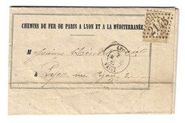 LETTRE TIMBRE 1867  LYON CHEMINS DE FER DE PARIS A LYON A LA MEDITERRANEE AUZANCES CREUSE CACHET DE CIRE OBLITERATION - Otros & Sin Clasificación