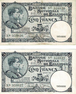 Belgique, (1920-1943), 2 Billets Bel état, Cinq Francs 03/05/38, Numéros Suivis - 5 Francos