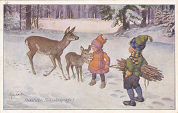 CPA ILLUSTRATIONS, SIGNED, SCHUBERT- CHILDRENS, DEERS, WINTER LANDSCAPE - Schubert