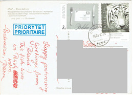 C9 :Poland - Tiger, Big Cat, Forks And Knife, Envelope, Cover, Stamp On Stamp Stamps Used On Postcard - Lettres & Documents