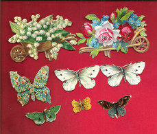 Lot De 6 Découpis Chromo Papillon + 1 Découpis Brouette Avec Fleurs + 1 Découpis Brouette & Muguet - Animaux