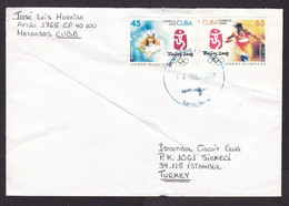 Cuba: Cover To Turkey, 2008, 2 Stamps, Olympics Beijing, Sports, Swimming, Athletics, Rare Real Use (damaged; Folds) - Lettres & Documents