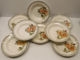 -8 ASSIETTES DEMI CREUSES CERAMIQUE DIGOIN Modèle ADELE Roses Jaune Orangé    E - Digoin (FRA)