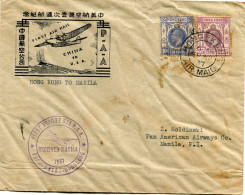 HONG KONG LETTRE " FIRST AIR MAIL CHINA TO U.S.A. " DEPART HONG KONG 28 AP 37 POUR LES PHILIPPINES - Storia Postale