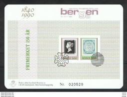 NORWAY: 1990 "BERGEN '90 CARDBOARD No. 20529 - REPRODUCTION OF FIRST STAMPS 5 K. + 5 K. (1001 + 1002) - Ensayos & Reimpresiones