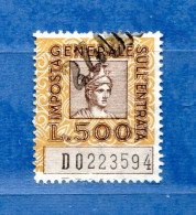 Italia- Usato-1961- Marca Da Bollo-Imposta Generale Sull'Entrata £ 500 , Cat.Unif . N°139 . - Fiscale Zegels