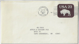 USA 1987 Postal Stationery Cover 22 Cent Buffalo Printed Stamp Sent From Advance To Cape Girardeau - 1981-00