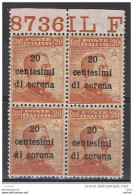 TRENTO  &  TRIESTE: 1919  SOPRAST. -  20 C./20 C. ARANCIO  BL. 4  N. -  N° DI  FOGLIO  -  OTTIMA  CENTRATURA  -  SASS. 5 - Trentin & Trieste