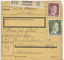 BULLETIN DE COLIS POSTAL 1943 AVEC ETIQUETTE DE RODINGEN (MOSELLAND) - 1940-1944 Duitse Bezetting