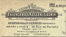 1912  ENTETE   Paris Faienceries Keller & Guerin De Luneville Meurthe Et Moselle Memoradum Signée VOIR HISTORIQUE - 1900 – 1949